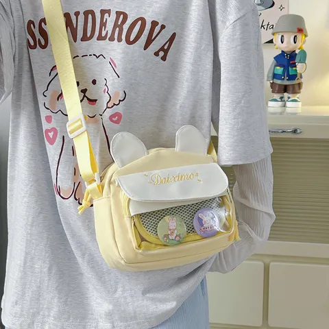 Kawaii Ita Bag Japanese Cute Crossbody Bag With Transparent Pocket Rabbit Ear Design Canvas Casual Shoulder Bag For Women
