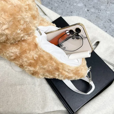 Women Cute Plush Alpaca Crossbody Bag Japanese Sweet Bowknot Shoulder Bag Soft Cartoon Animal Messenger Bag