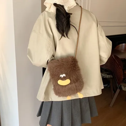 Cute Plush Crossbody Bag Kawaii Big Eyes Sausage Mouth Fuzzy Shoulder Bag Mini Phone Purse Women Handbag