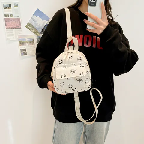 Women Mini Corduroy Backpack Cute Panda Print Casual Daypack