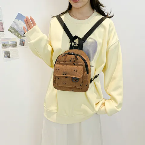 Women Mini Corduroy Backpack Cute Panda Print Casual Daypack