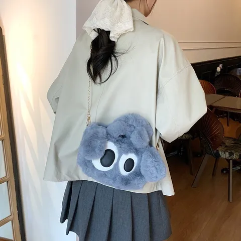 Women Plush Cartoon Big Eyes Shoulder Bag Cute Furry Crossbody Bag Casual Soft Handbag Winter Fluffy Messenger Bag