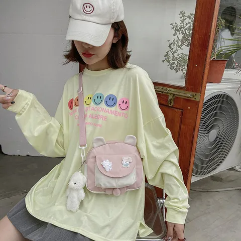 Sweet Canvas Crossbody Bag Patchwork Casual Student Shoulder Bag Cute Messenger Bag With Bear Ear