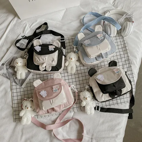Sweet Canvas Crossbody Bag Patchwork Casual Student Shoulder Bag Cute Messenger Bag With Bear Ear