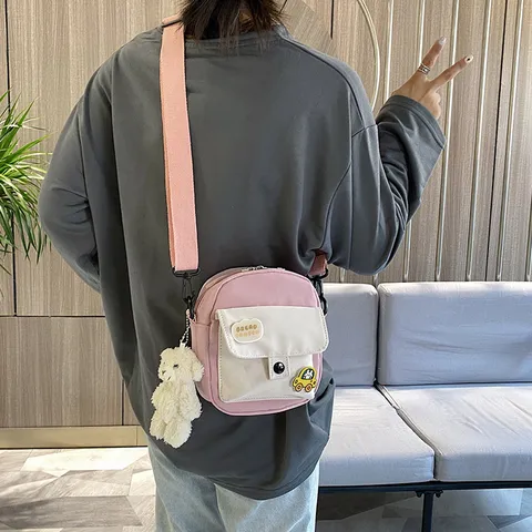 Korean Ins Style Harajuku Student Mobile Phone Bag Casual Nylon Crossbody Bag With Plush Bear Pendant Women Shoulder Bag