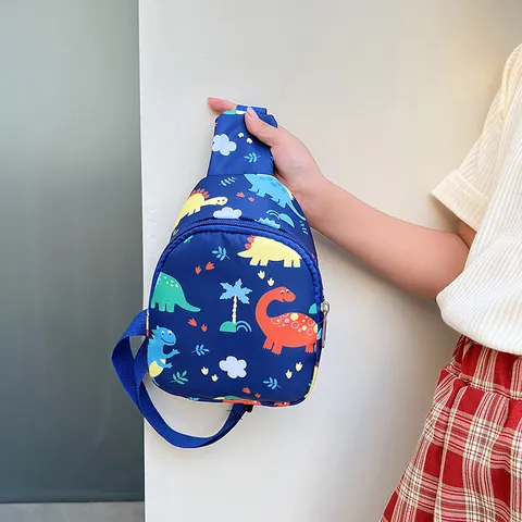 Kids Cartoon Dinosaur Print Nylon Chest Bag Cute Animal Pattern Casual Crossbody Bag Boys Girls Daily Travel Shoulder Bag