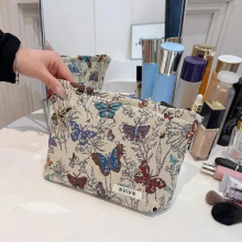 Women's Canvas Linen Cosmetic Bag Vintage Ethnic Floral Butterfly Pattern Portable Travel Makeup Pouch Storage Bag