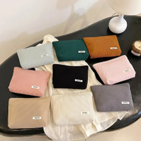 Corduroy Cosmetic Bag Large Capacity Solid Color Makeup Pouch Portable Toiletry Bag Zipper Handbag Daily Storage Organizer