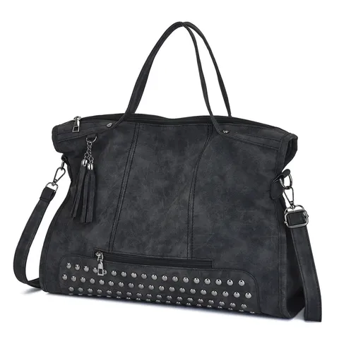 Women's Retro PU Leather Shoulder Bag Large Capacity Tote Bag With Rivet And Tassel Hobo Handbag Daily Casual Bag