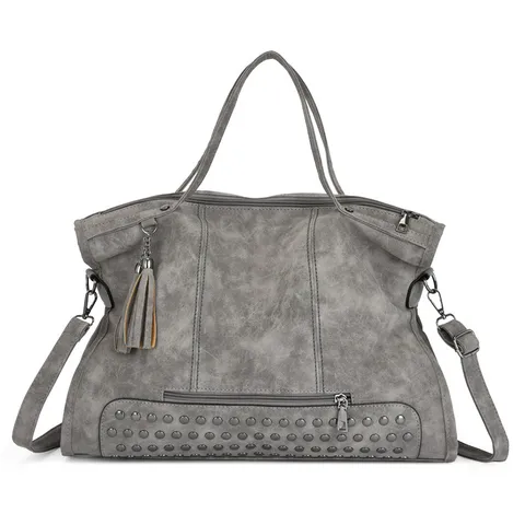 Vintage Matte PU Leather Women Handbag Large Capacity Shoulder Bag Tassels Metal Studs Tote Bag Daily Commuter Bag