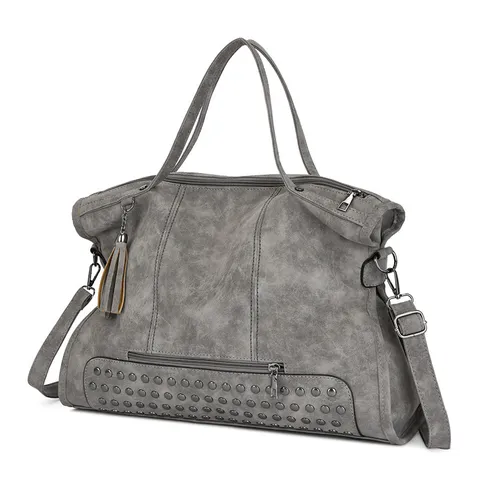 Vintage Matte PU Leather Women Handbag Large Capacity Shoulder Bag Tassels Metal Studs Tote Bag Daily Commuter Bag