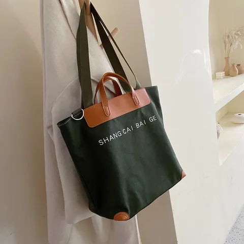 Women Canvas Tote Bag Large Capacity Casual Shoulder Crossbody Bag Retro Letter Printed Daily Commuter Handbag