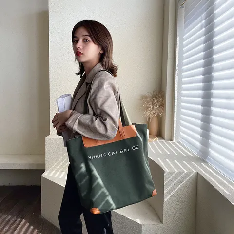 Women Canvas Tote Bag Large Capacity Casual Shoulder Crossbody Bag Retro Letter Printed Daily Commuter Handbag
