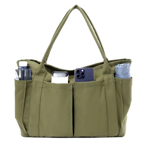 Large Capacity Canvas Tote Bag For Women Multi-Pocket Casual Shoulder Bag Simple Commuter Handbag Daily Shopping Bag