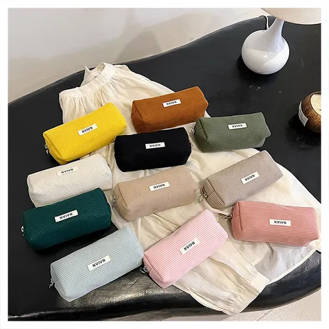 Retro Corduroy Etui Grote Capaciteit Eenvoudige Effen Kleur Student Stationery Opbergtas Draagbare Cosmetische Tas