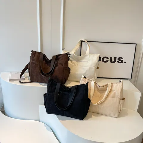 Casual Corduroy Tote Bag For Women Large Capacity Solid Color Shoulder Bag Simple Commuter Handbag With Zipper