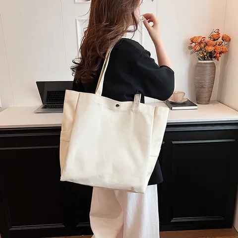 Korean Style Canvas Tote Bag Large Capacity Casual Shoulder Bag Simple Solid Color Shopping Handbag For Women Daily Use