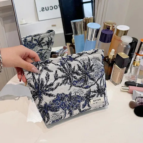 Grand Capacité Trousse de Maquillage Portable en Toile Impression Paysage Bleu et Blanc Organisateur de Voyage Pochette de Maquillage Pochette