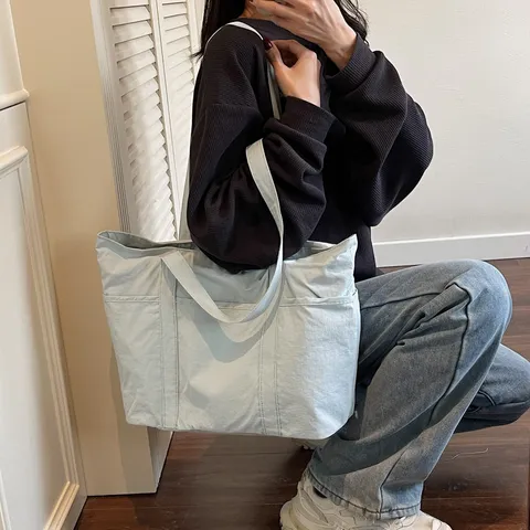 Large Capacity Solid Color Casual Tote Bag Women Commuter Shoulder Bag Multi-Pocket Practical Cloth Handbag