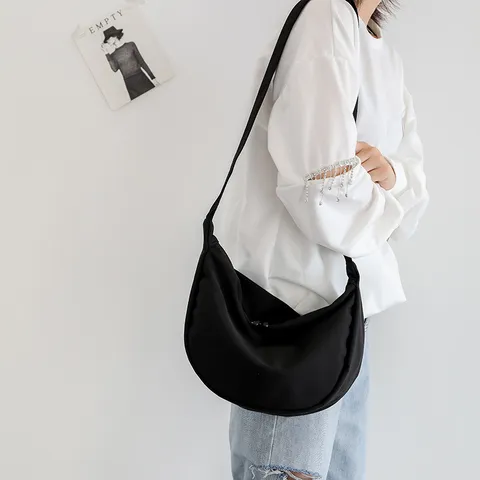Korean Style Minimalist Nylon Fabric Crossbody Bag Women Fashion Casual Solid Color Shoulder Dumpling Bag Daily Purse