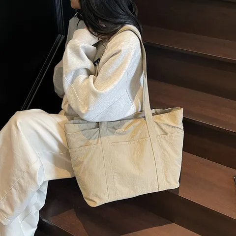 Large Capacity Solid Color Casual Tote Bag Women Commuter Shoulder Bag Multi-Pocket Practical Cloth Handbag