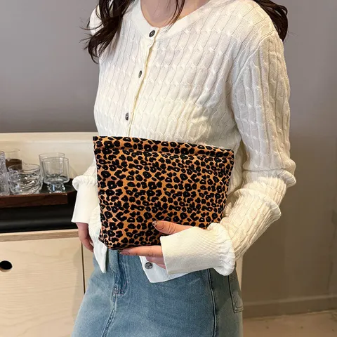 Portable Large Capacity Corduroy Makeup Bag Women Travel Cosmetic Storage Pouch Leopard Bow Polka Dot Clutch Purse