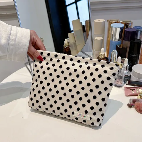 Portable Large Capacity Corduroy Makeup Bag Women Travel Cosmetic Storage Pouch Leopard Bow Polka Dot Clutch Purse