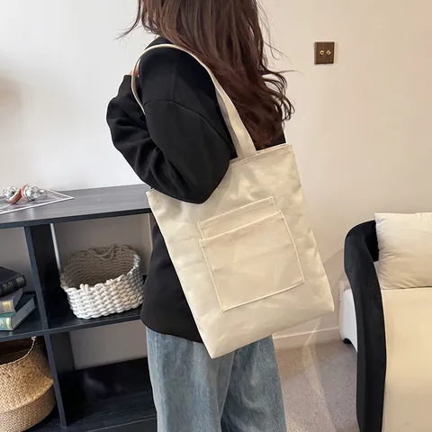 Casual Canvas Tote Bag For Women Large Capacity Shoulder Bag Multi Pocket Student School Bag Zipper Closure Solid Color Handbag