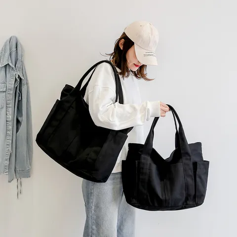 Large Capacity Canvas Tote Bag Casual Solid Color Shoulder Bag Simple Commuter Handbag Women Shopping Bag