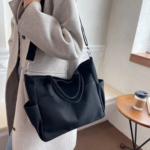 Women Casual Canvas Tote Bag Large Capacity Multi Pocket Handbag Solid Color Casual Everyday Shoulder Bag