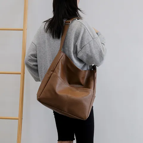 Women PU Leather Tote Bag Vintage Casual Shoulder Bag Large Capacity Solid Color Handbag With Zipper