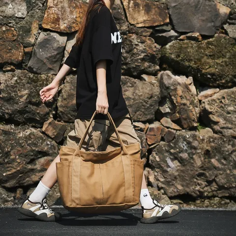 Large Capacity Canvas Tote Bag For Women Casual Solid Color Shoulder Bag Multi-Pocket Commuter Handbag Daily Shopping Bag