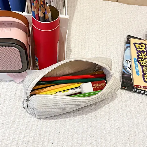 Retro Corduroy Etui Grote Capaciteit Eenvoudige Effen Kleur Student Stationery Opbergtas Draagbare Cosmetische Tas