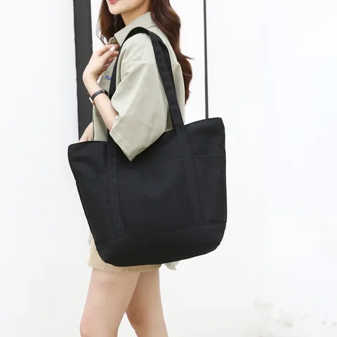 Casual Large Capacity Canvas Tote Bag Multi Pocket Zipper Shoulder Bag Daily Commute Handbag For Women