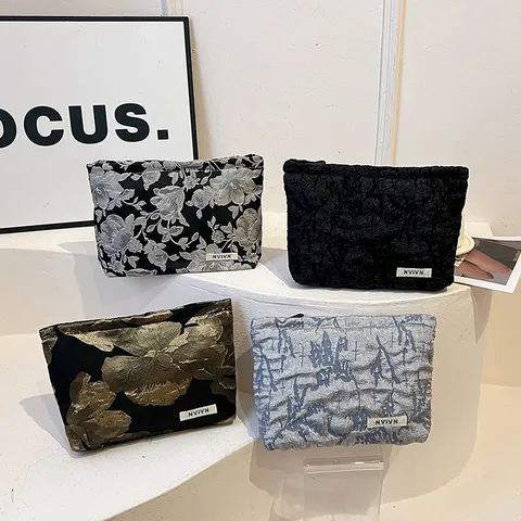 Large Capacity Cosmetic Bag Floral Satin Toiletry Bag Vintage Storage Pouch Portable Makeup Organizer Handbag For Women