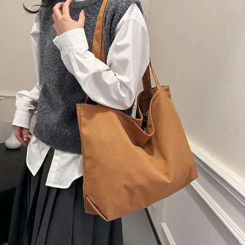 Women Canvas Tote Bag Large Capacity Casual Shoulder Bag Minimalist Shopping Bag Solid Color Daily Handbag