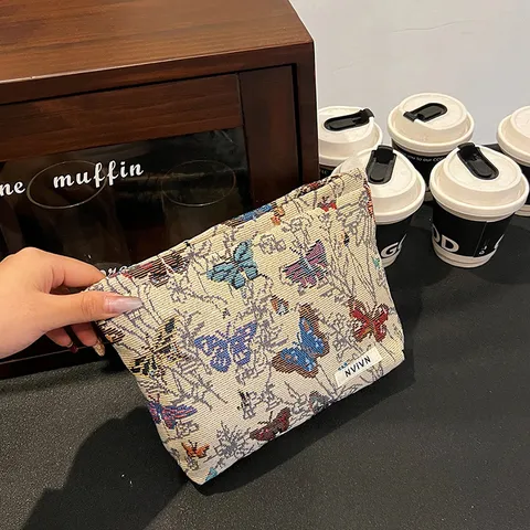 Women's Canvas Linen Cosmetic Bag Vintage Ethnic Floral Butterfly Pattern Portable Travel Makeup Pouch Storage Bag