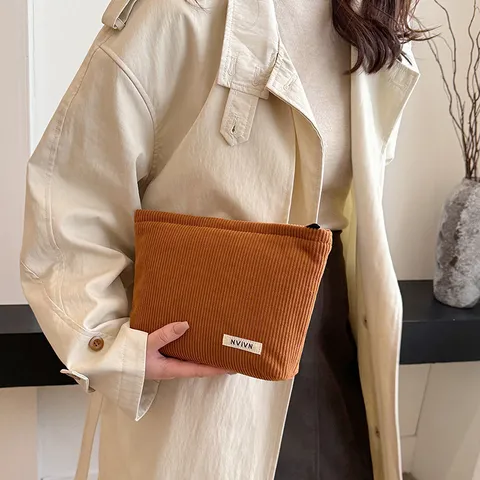 Corduroy Cosmetic Bag Large Capacity Solid Color Makeup Pouch Portable Toiletry Bag Zipper Handbag Daily Storage Organizer