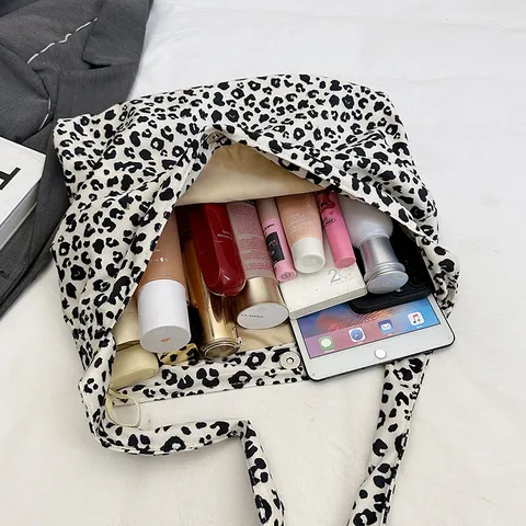 Casual Canvas Tote Bag For Women Bowknot Polka Dot Leopard Print Large Capacity Shoulder Bag Daily Commuting Handbag