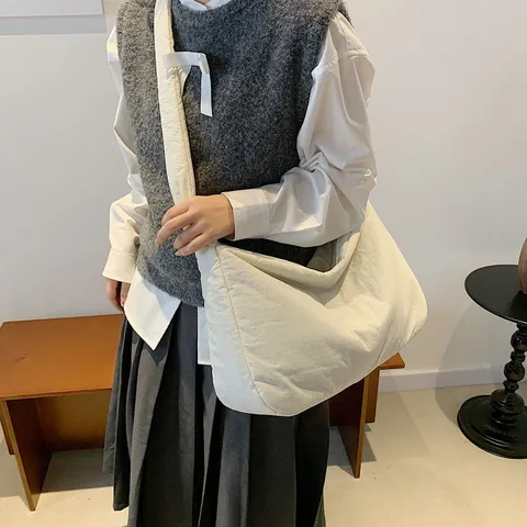 Large Capacity Tote Bag Women Casual Puffy Quilted Shoulder Bag Soft Fabric Commuter Crossbody Pillow Bag