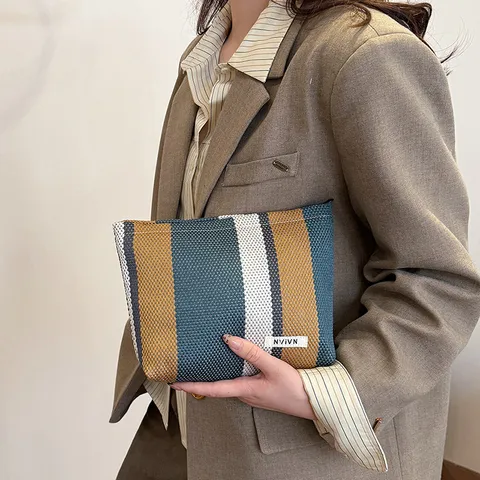 Large Capacity Cosmetic Bag Portable Striped Linen Makeup Pouch Travel Storage Bag Fashion Clutch Bag For Women