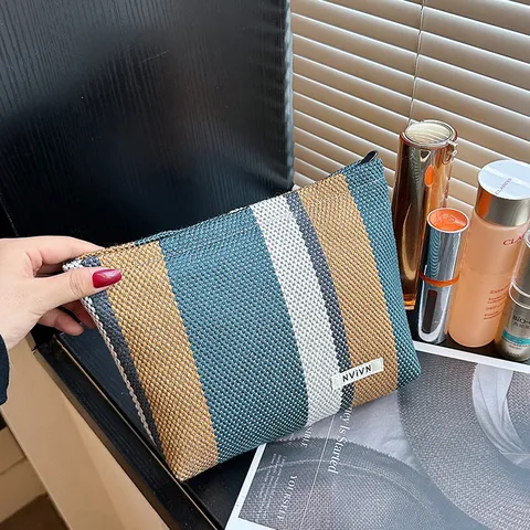 Large Capacity Cosmetic Bag Portable Striped Linen Makeup Pouch Travel Storage Bag Fashion Clutch Bag For Women