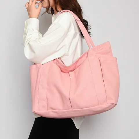 Large Capacity Canvas Tote Bag For Women Multi-Pocket Casual Shoulder Bag Simple Commuter Handbag Daily Shopping Bag