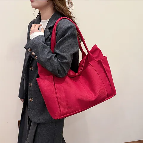 Large Capacity Canvas Tote Bag Casual Solid Color Shoulder Bag Multi-Pocket Commuter Handbag For Women Daily Travel