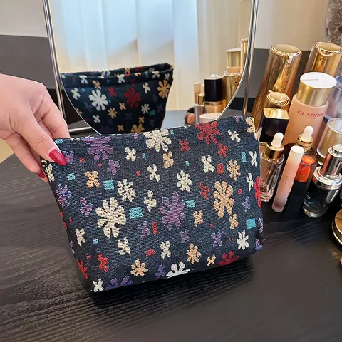Borsa per Cosmetici da Donna Vintage Floreale Jute Jacquard Tessuto Portatile Viaggio Trucco Custodia Multifunzionale Articoli da Toeletta Organizzatore Borsa