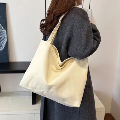 Casual Large Capacity Canvas Tote Bag For Women Solid Color Shoulder Bag Daily Commuting Shopping Handbag