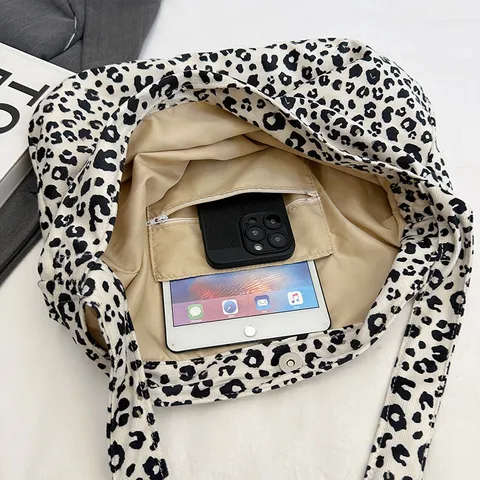 Women Canvas Tote Bag Large Capacity Casual Leopard Print Shoulder Bag Retro Fashion Shopping Handbag Daily Commuting Bag