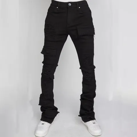 Men's Vintage Washed Ripped Denim Cargo Jeans Streetwear Casual Straight Leg Stacked Flared Cotton Denim Pants