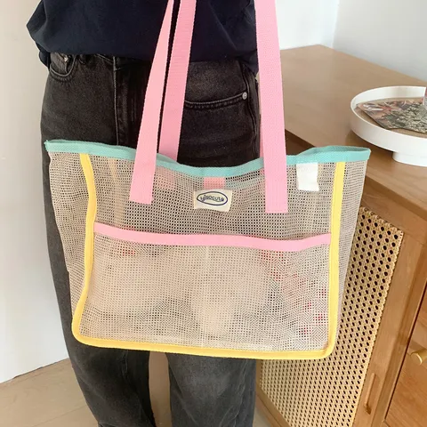 Sac Cabas en Filet Grande Capacité pour Femmes Sac à Main Décontracté Respirant pour Rangement de Plage et Shopping