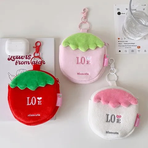 Strawberry Plush Coin Purse Cute Earphone Data Cable Lipstick Storage Bag Cartoon Fruit Kawaii Wallet Pouch Key Chain